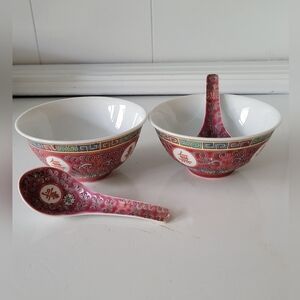 Set of 2-Mun Shou Dipping Bowls w Spoons